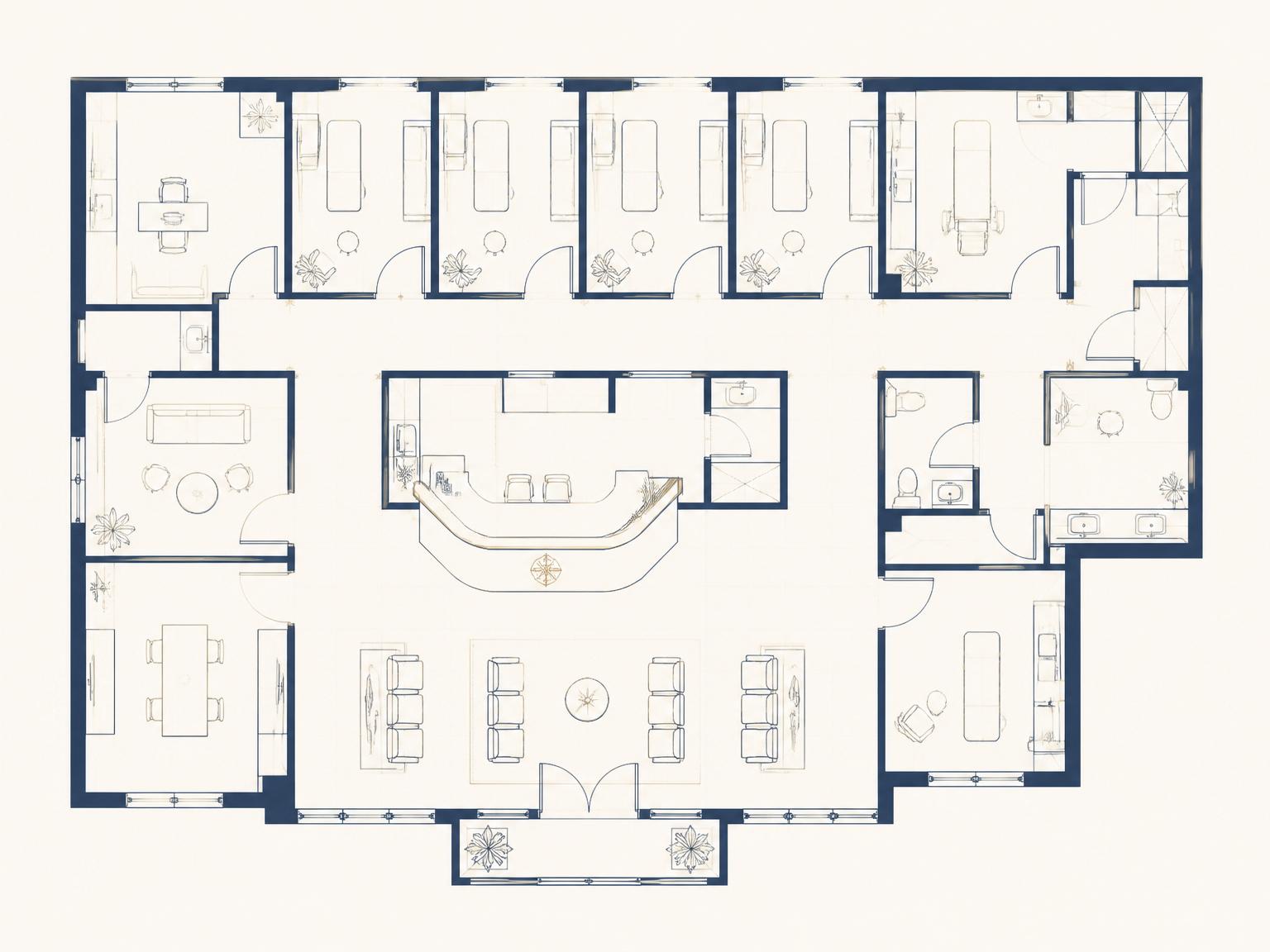 Architectural floor plan of a medical clinic showing exam rooms, reception, and waiting area